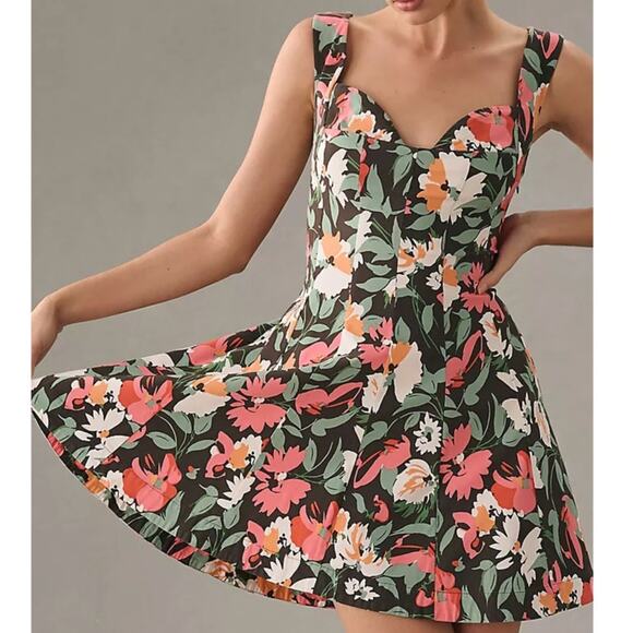 ANTHROPOLOGIE Sweetheart Floral Mini Dress Black Pink Sz XS {XX43} - Picture 1 of 8